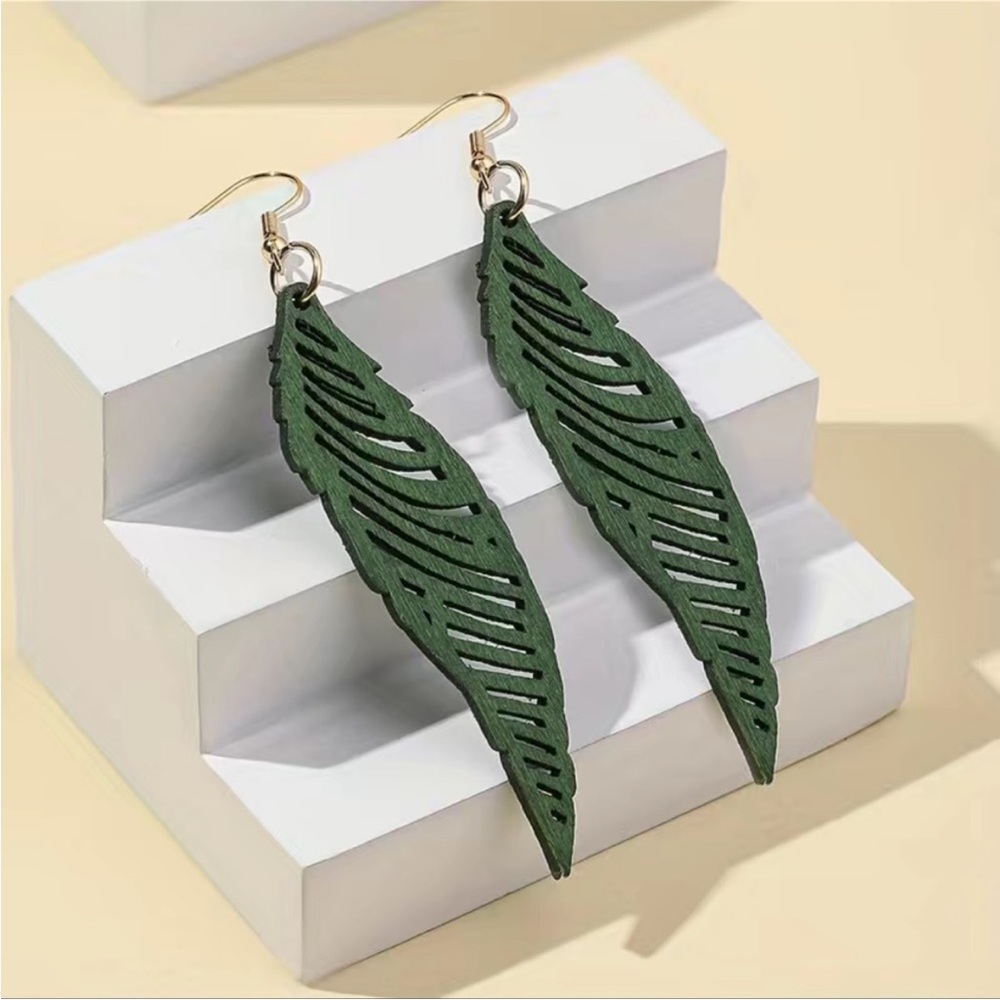 Green Wooden Bohemian Earrings